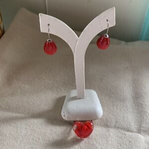 Red Glass Earring Set And Red Glass Rose Ring